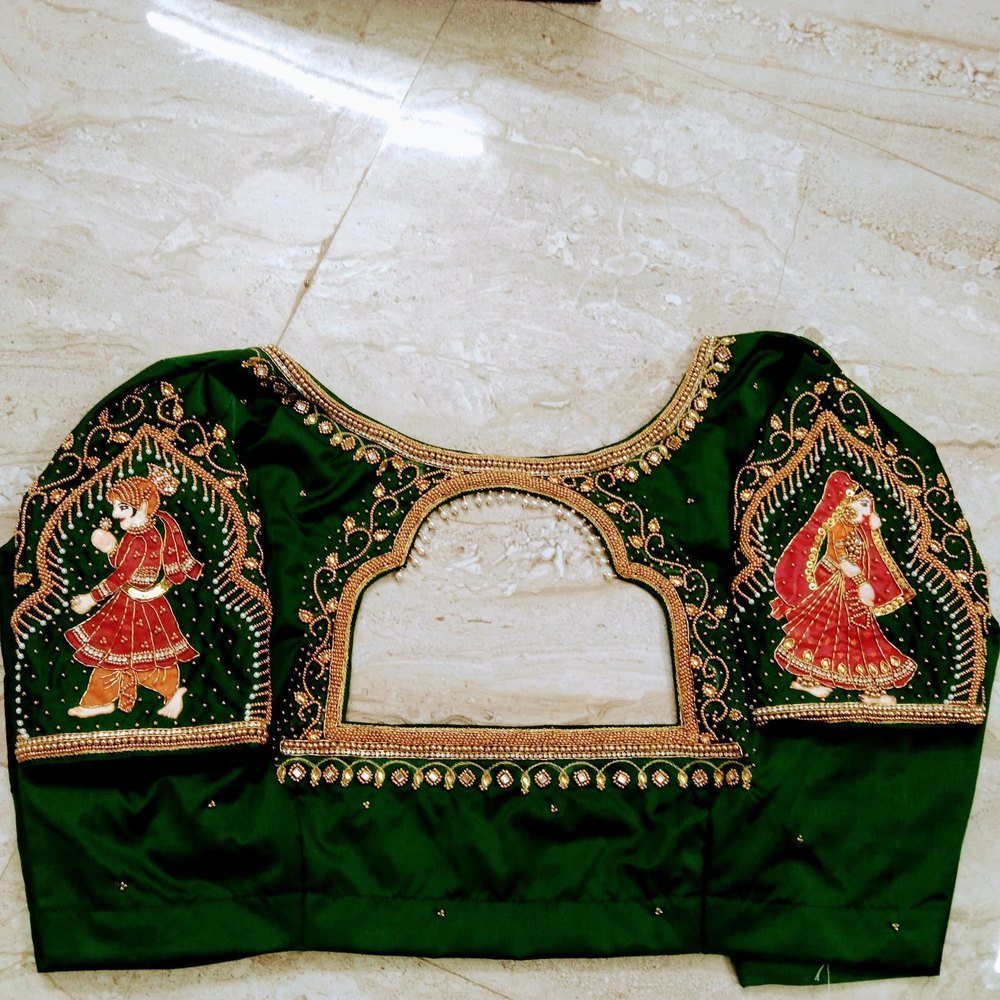 Finished green silk blouse with hand-painted Rajasthani-style embroidery and beadwork